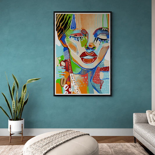 Portrait de femme en vert et bleu